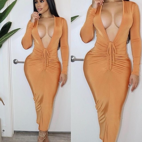 SEXY V NECK DRESS - TANGERINE - Picture 2 of 2